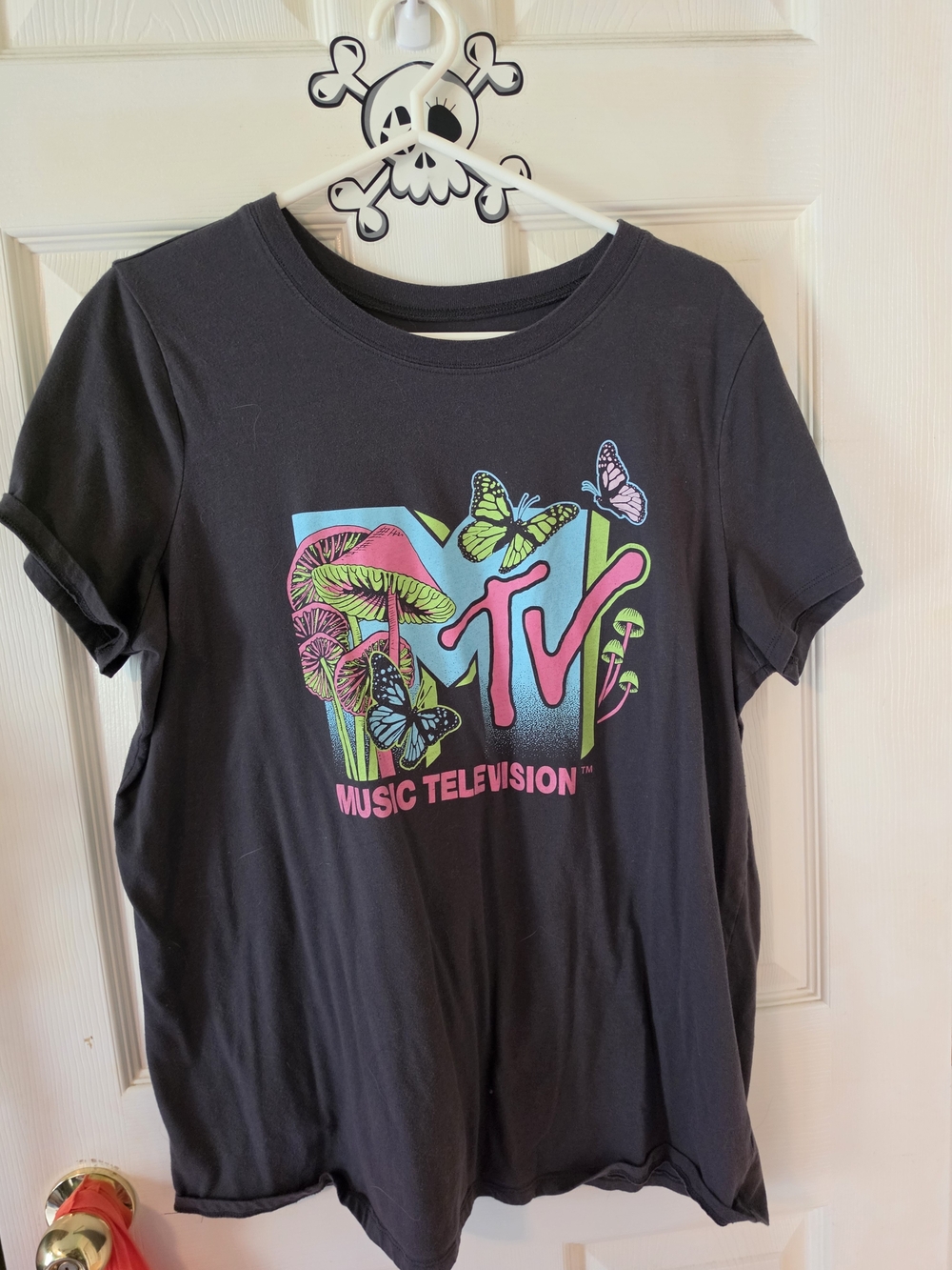 MTV Black Graphic Tee with Neon Mushrooms & Butterflies